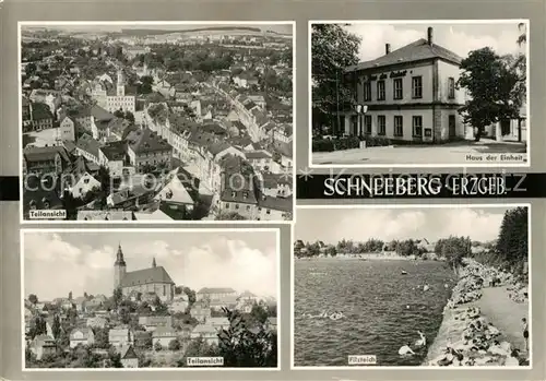 AK / Ansichtskarte Schneeberg_Erzgebirge Teilansicht Haus der Einheit Uferpromenade am Filzteich Schneeberg Erzgebirge