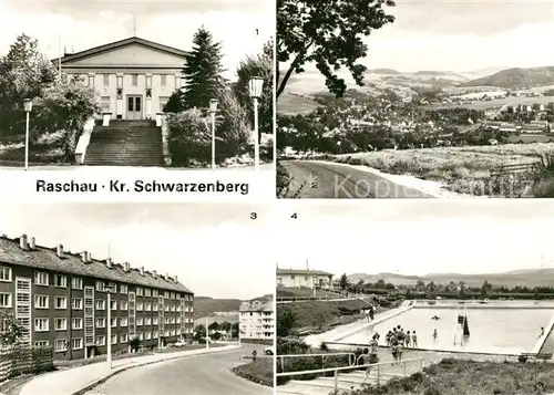 AK / Ansichtskarte Raschau Markersbach Kulturhaus Gesamtansicht Rudolf Harbig Strasse Freibad Raschau Markersbach