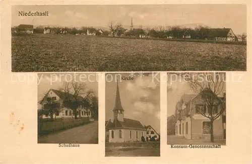 AK / Ansichtskarte Niederhasli Schulhaus Kirche Konsum Genossenschaft Panorama Niederhasli