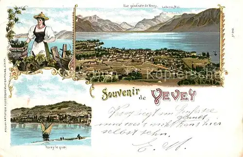 AK / Ansichtskarte Vevey_VD Quai Trachtenfrau Panorama Dent du Midi Vevey_VD