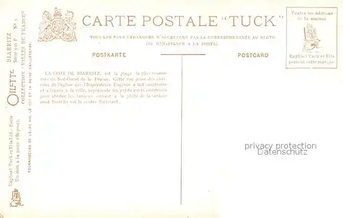 AK / Ansichtskarte Verlag_Tucks_Oilette_Nr. 3 Biarritz La Cote  