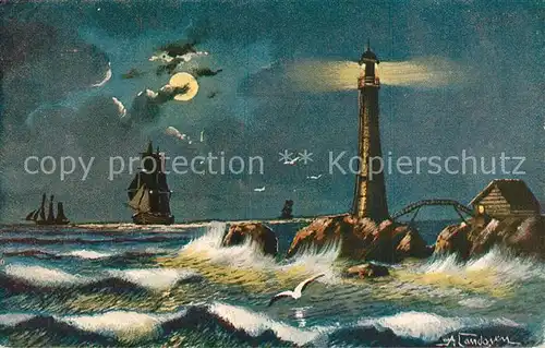 AK / Ansichtskarte Leuchtturm_Lighthouse Segelschiff K?nstlerkarte  