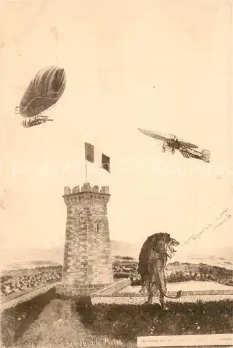 AK / Ansichtskarte Belfort_Alsace Le Lion en balade a la Miotte Zeppelin Flugzeug Loewe Turm Kuenstlerkarte Belfort Alsace