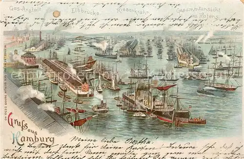 AK / Ansichtskarte Segelschiffe Hamburg Hafen Riesenkrahn Gas Anstalt Litho Verlag Hagelberg 