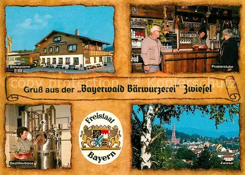 AK / Ansichtskarte Zwiesel_Niederbayern Bayerwald Baerwurzerei Wappen Stadtpanorama Zwiesel Niederbayern