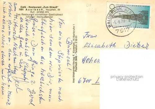 AK / Ansichtskarte Auerbach_Karlsruhe Cafe Restaurant Zum Strauss Auerbach Karlsruhe