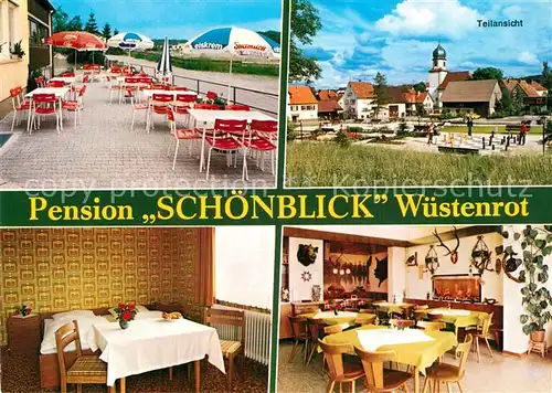 AK / Ansichtskarte Wuestenrot Pension Schoenblick Gastraum Terrasse Bodenschach Kirche Wuestenrot