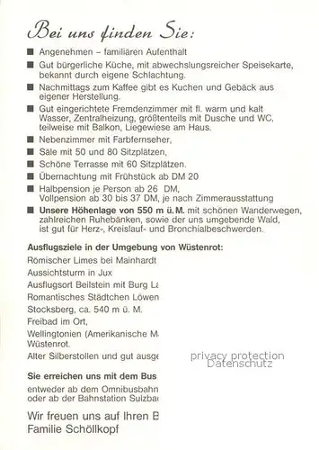 AK / Ansichtskarte Wuestenrot Pension Schoenblick Gastraum Terrasse Bodenschach Kirche Wuestenrot