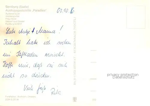 AK / Ansichtskarte Bernburg_Saale Ausflugsgaststaette Paradies Maerchen Aschenputtel Frau Holle Haensel und Gretel Fuchs und Wolf Bernburg_Saale