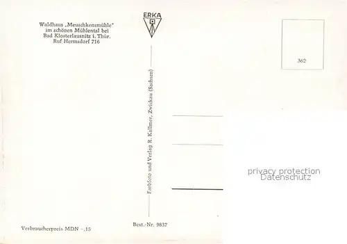 AK / Ansichtskarte Bad_Klosterlausnitz Waldhaus Meuschkensm?hle M?hlental Bad_Klosterlausnitz