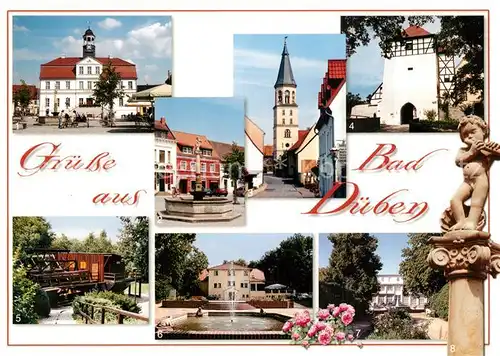 AK / Ansichtskarte Bad_Dueben Rathaus Marktbrunnen St Nikolaikirche Burg Bergschiffmuehle Kurhaus Reha Zentrum Brunnenfigur Bad_Dueben