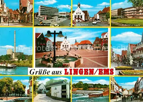 AK / Ansichtskarte Lingen_Ems Teilansichten Rathaus Hospital Marktplatz Kernkraftwerk Wehr Lingen_Ems