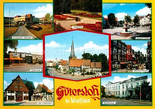 AK / Ansichtskarte Guetersloh Hospital Stadtpark Berliner Platz Strasse Hallenbad Weberhaus Musikschule Kirchturm Guetersloh