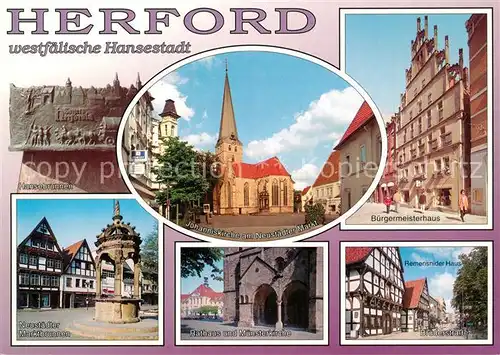 AK / Ansichtskarte Herford Hansebrunnen Neustaedter Marktbrunnen Johanniskirche Rathaus Muensterkirche Buergermeisterhaus Giebelhaus Remensnider Haus Fachwerk Herford