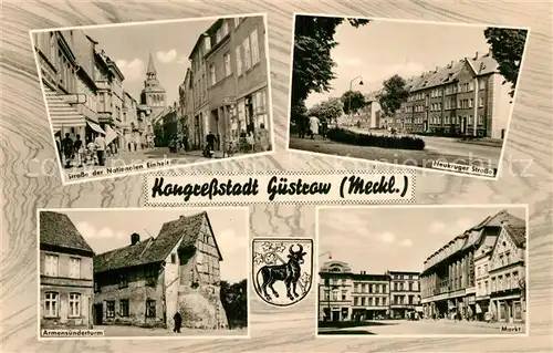 AK / Ansichtskarte Guestrow_Mecklenburg_Vorpommern Strasse der Nationalen Einheit Neukruger Strasse Markt Armensuenderturm Wappen Guestrow_Mecklenburg