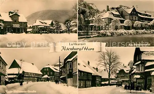 AK / Ansichtskarte Ilsenburg_Harz Markt Ernst Thaelmann Strasse Forellenteich im Winter Ilsenburg Harz