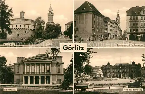 AK / Ansichtskarte Goerlitz_Sachsen Kaisertrutz Stadttheater Leninplatz mit Rathausturm Platz der Befreiung Goerlitz Sachsen