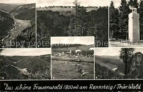 AK / Ansichtskarte Frauenwald_Thueringen Panorama Blick ins Nahetal Monument Gabel Freibad Frauenwald Thueringen