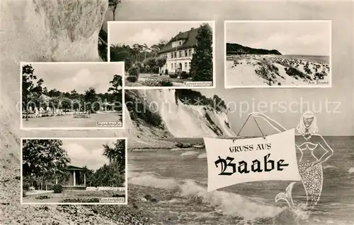 AK / Ansichtskarte Baabe_Ostseebad_Ruegen Strandstrasse Konzertplatz Kurverwaltung Strand Meerjungfrau Kreidefelsen Baabe_Ostseebad_Ruegen