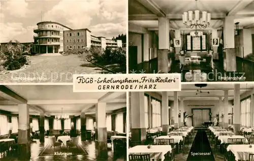AK / Ansichtskarte Gernrode_Harz FDGB Erholungsheim Fritz Heckert Empfangshalle Klubraum Speisesaal Gernrode Harz
