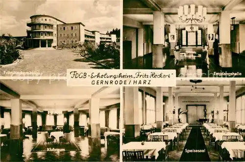 AK / Ansichtskarte Gernrode_Harz FDGB Erholungsheim Fritz Heckert Empfangshalle Klubraum Speisesaal Gernrode Harz