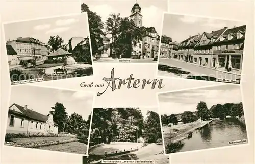 AK / Ansichtskarte Artern_Unstrut Geschwister Scholl Platz Solbad Rathaus Karl Marx Strasse Schwimmbad Freilichtbuehne Artern_Unstrut