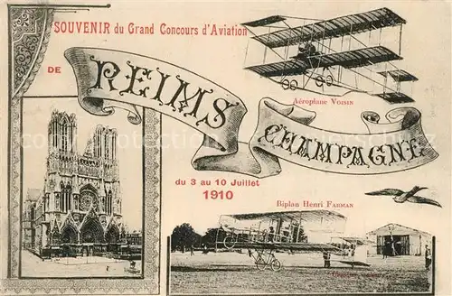 AK / Ansichtskarte Reims_Champagne_Ardenne Aeroplane Voisin Biplan Henri Farman Kathedrale Reims_Champagne_Ardenne