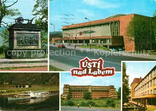 AK / Ansichtskarte Usti_nad_Labem Denkmal Gebaeude Partie am Fluss Dampfer Usti_nad_Labem