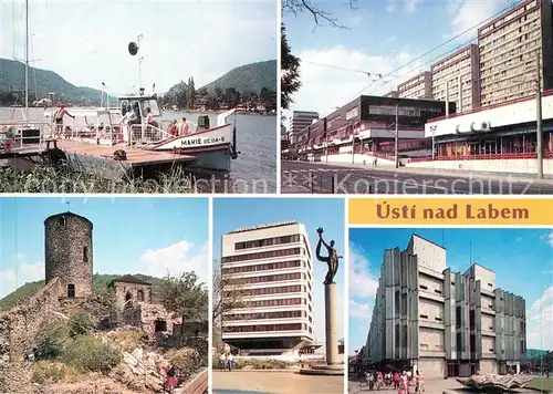 AK / Ansichtskarte Usti_nad_Labem Stadtansichten Bootsanleger Gebaeude Hotel Hochhaus Burgruine Usti_nad_Labem