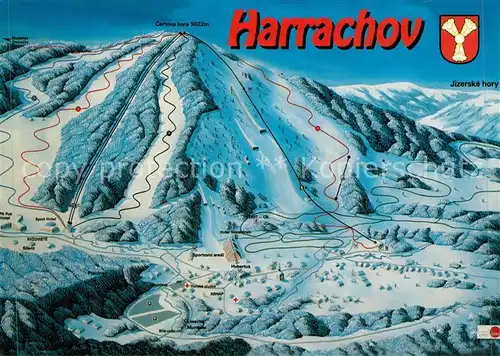 AK / Ansichtskarte Harrachov_Harrachsdorf uebersichtskarte Wintersportplatz Skigebiet aus der Vogelperspektive Harrachov Harrachsdorf