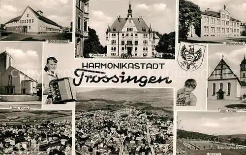 AK / Ansichtskarte Trossingen Friedensschule Rathaus Musikschule Kath und Ev Kirche Hohner Werk Panorama Freibad Trossingen