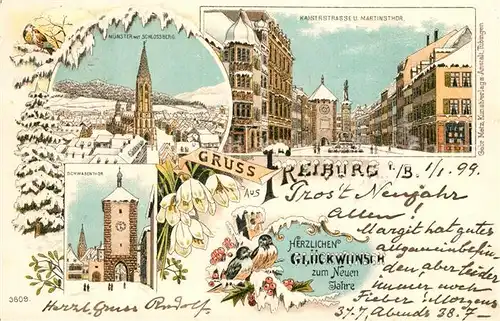 AK / Ansichtskarte Winterlitho Neujahr Freiburg im Breisgau Kaiserstrasse M?nster Schwabentor Winterlitho