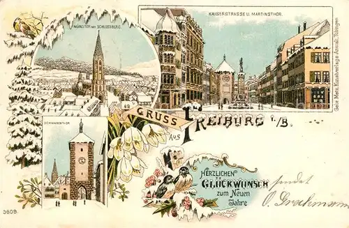 AK / Ansichtskarte Winterlitho Neujahr Freiburg im Breisgau Kaiserstrasse M?nster Schwabentor Winterlitho