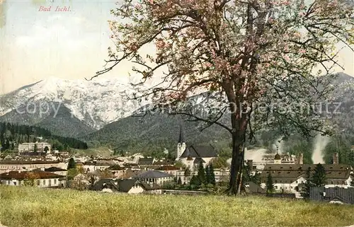 AK / Ansichtskarte Bad_Ischl_Salzkammergut Ortsansicht mit Kirche Alpen Baumbluete Photochromiekarte Nr. 259 Bad_Ischl_Salzkammergut