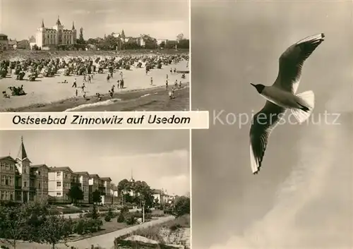 AK / Ansichtskarte Zinnowitz_Ostseebad Badestrand Strandpromenade Hotels Moewe Zinnowitz_Ostseebad