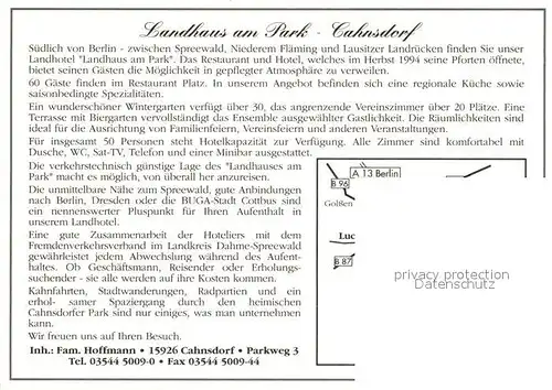 AK / Ansichtskarte Cahnsdorf Cahnsdorfer Park Marktplatz Spreewaldbahnfahrt Wasserstrasse Kahn Cahnsdorf