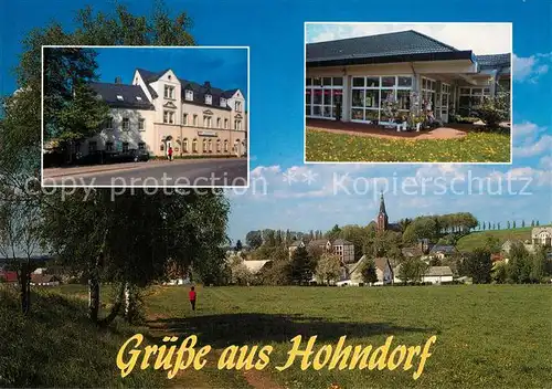 AK / Ansichtskarte Hohndorf_Stollberg Gasthof Pension Zur Eisenbahn Blumenboutique Ortsansicht mit Kirche 