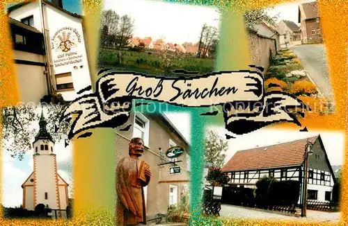 AK / Ansichtskarte Gross_Saerchen Baeckerei Kirche Statue Denkmal Fachwerkhaus Ortsmotiv Gross Saerchen