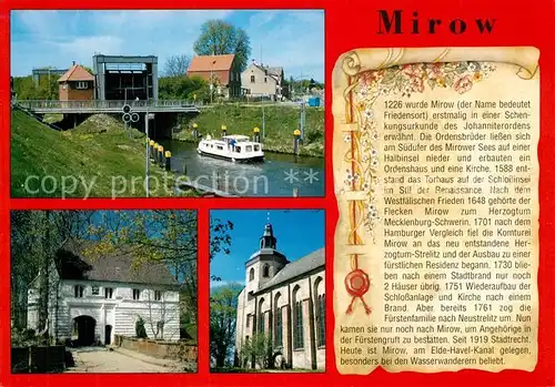AK / Ansichtskarte Mirow Schleuse am Elde Havel Kanal Torhaus Touristinformation Kirche Schlossinsel Chronik Mirow