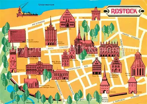 AK / Ansichtskarte Rostock_Mecklenburg Vorpommern Stadtplan Stadtzentrum mit Sehenswuerdigkeiten der Stadt Rostock