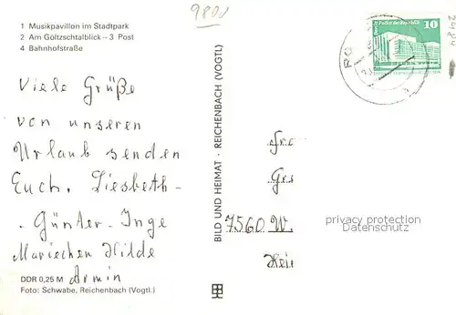 AK / Ansichtskarte Reichenbach_Vogtland Musikpavillon Stadtpark Goeltzschtalblick Post Bahnhofstrasse Reichenbach_Vogtland