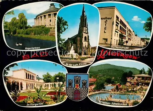 AK / Ansichtskarte Bad_Kissingen Regentenbau Kirche Kurhausstrasse Kurgarten Terrassen Schwimmbad Bad_Kissingen