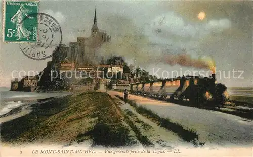 AK / Ansichtskarte Le_Mont Saint Michel Vue generale prise de la Digue au clair de lune Dessin Kuenstlerkarte Le_Mont Saint Michel