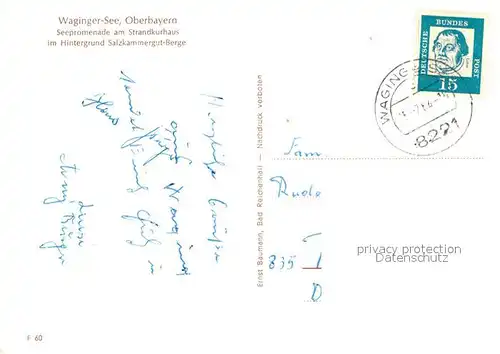 AK / Ansichtskarte Waging_See Seepromenade am Strandkurhaus Waginger See Salzkammergut Berge Waging_See