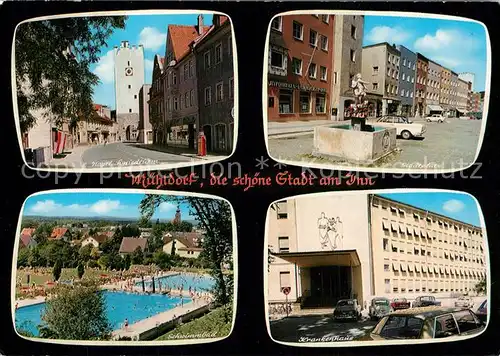 AK / Ansichtskarte Muehldorf_Inn Nagelschmiedturm Stadtplatz Brunnen Krankenhaus Schwimmbad Muehldorf Inn