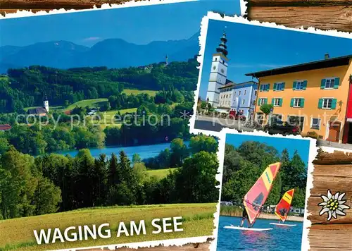AK / Ansichtskarte Waging_See Ortsmotiv mit Kirche Windsurfen Landschaftspanorama Alpen Waging_See