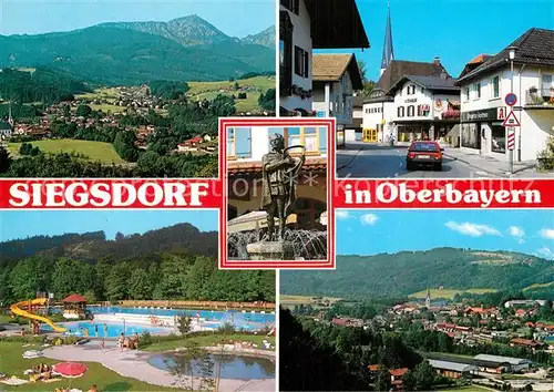 AK / Ansichtskarte Siegsdorf_Oberbayern Gesamtansicht mit Bayerischen Alpen Ortsmotiv Brunnen Freibad Siegsdorf Oberbayern