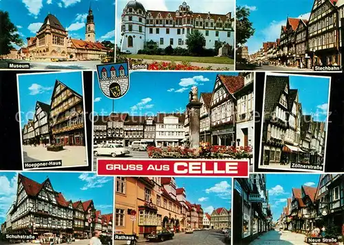 AK / Ansichtskarte Celle_Niedersachsen Museum Schloss Stechbahn Fachwerkhaeuser Hoeppner Haus Marktplatz Brunnen Rathaus Strassenpartie Innenstadt Celle_Niedersachsen