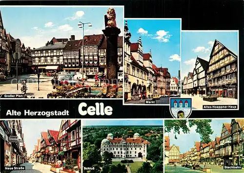 AK / Ansichtskarte Celle_Niedersachsen Grosser Plan Brunnen Fachwerkhaeuser Markt Hoeppner Haus Neue Strasse Schloss Stechbahn Celle_Niedersachsen