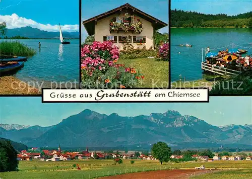 AK / Ansichtskarte Grabenstaett_Chiemsee Hirschauer Bucht Blumenschmuck Strandbad Tuettensee Ort mit Kampenwand Chiemgauer Alpen Grabenstaett_Chiemsee